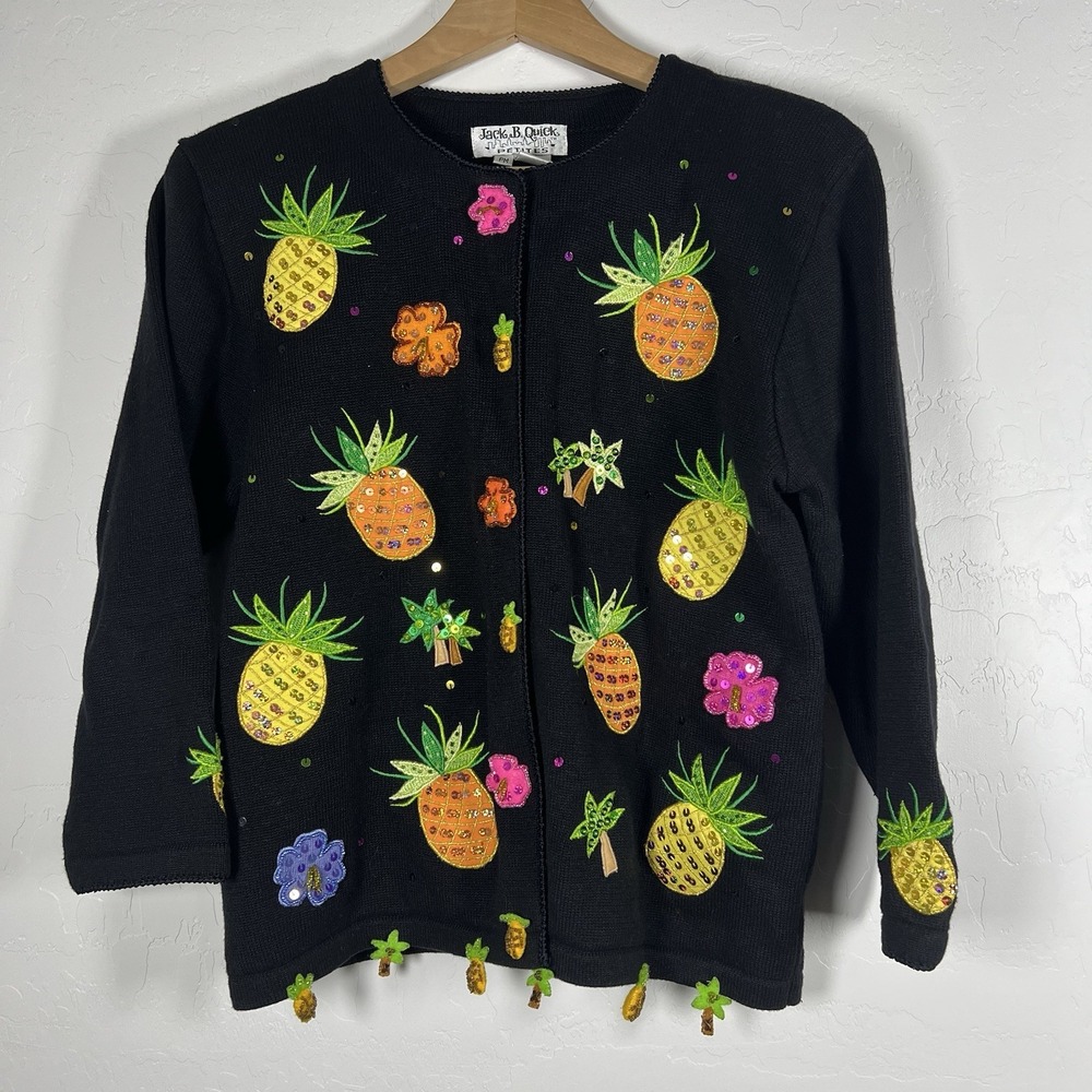 Jack B Quick Petite M Tropical Black Pineapple Palm Embellished Cardigan